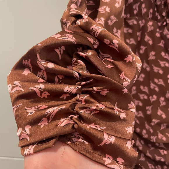 LUSH satin floral ruched Dress Womens Small Midi Asymmetrical Cut Out Back Brown - Picture 10 of 13